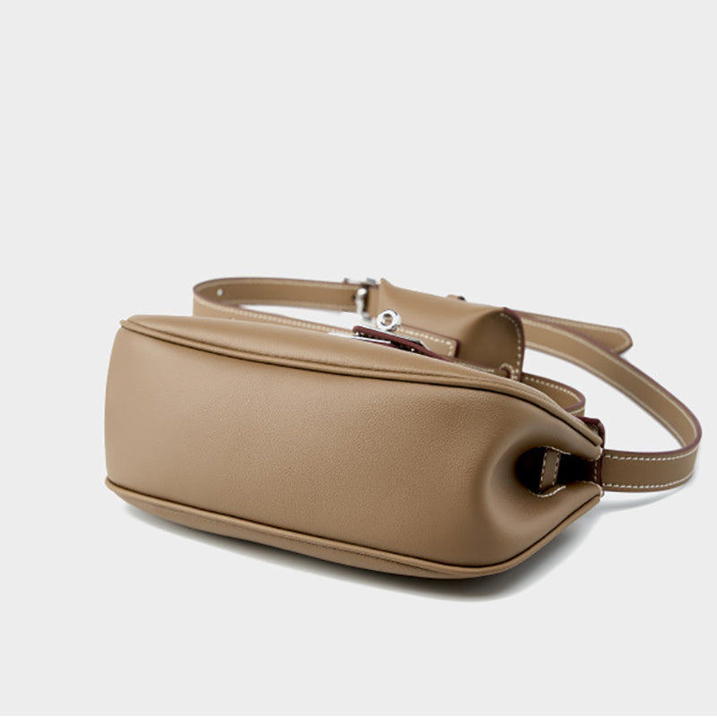 Taupe Soft Leather Shoulder Bag with Mini Pouch