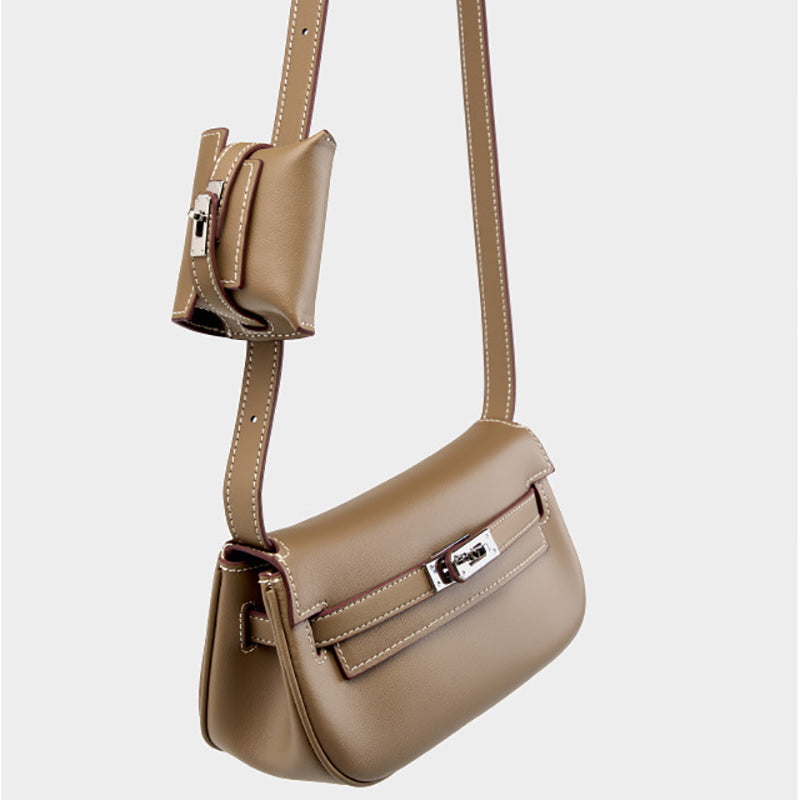 Taupe Soft Leather Shoulder Bag with Mini Pouch
