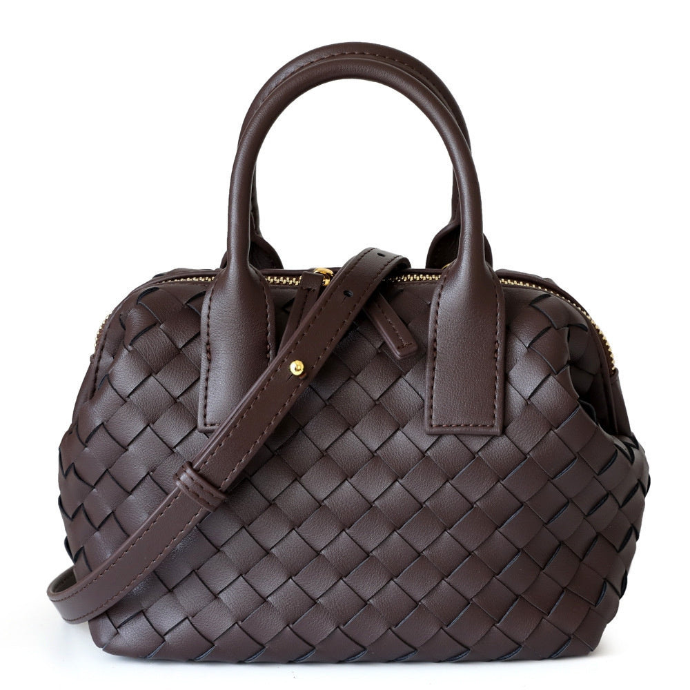 Brown Woven Leather Boston Handbag