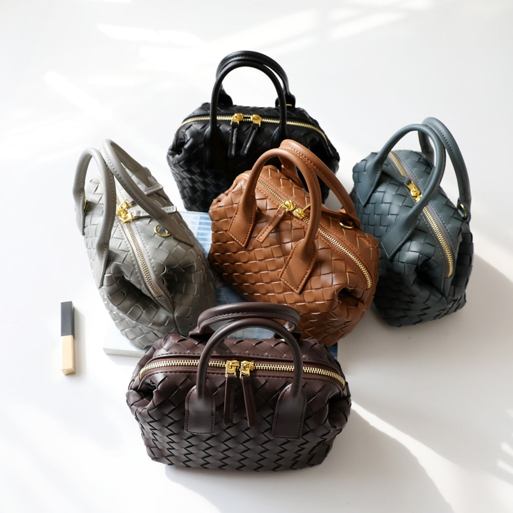 Brown Woven Leather Boston Handbag