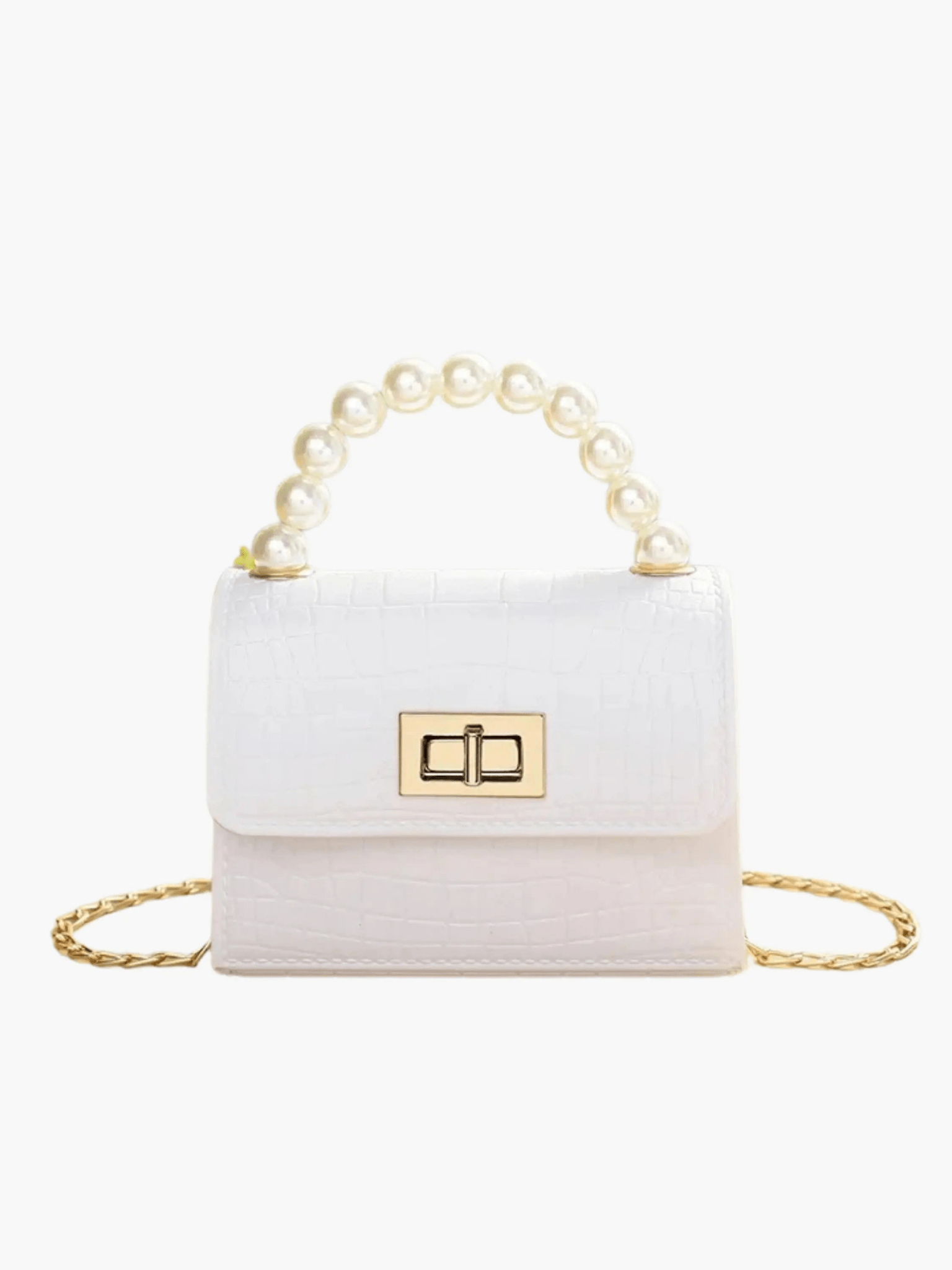 Pearl Mini Croc-Embossed Handbag with Elegant Pearl Handle