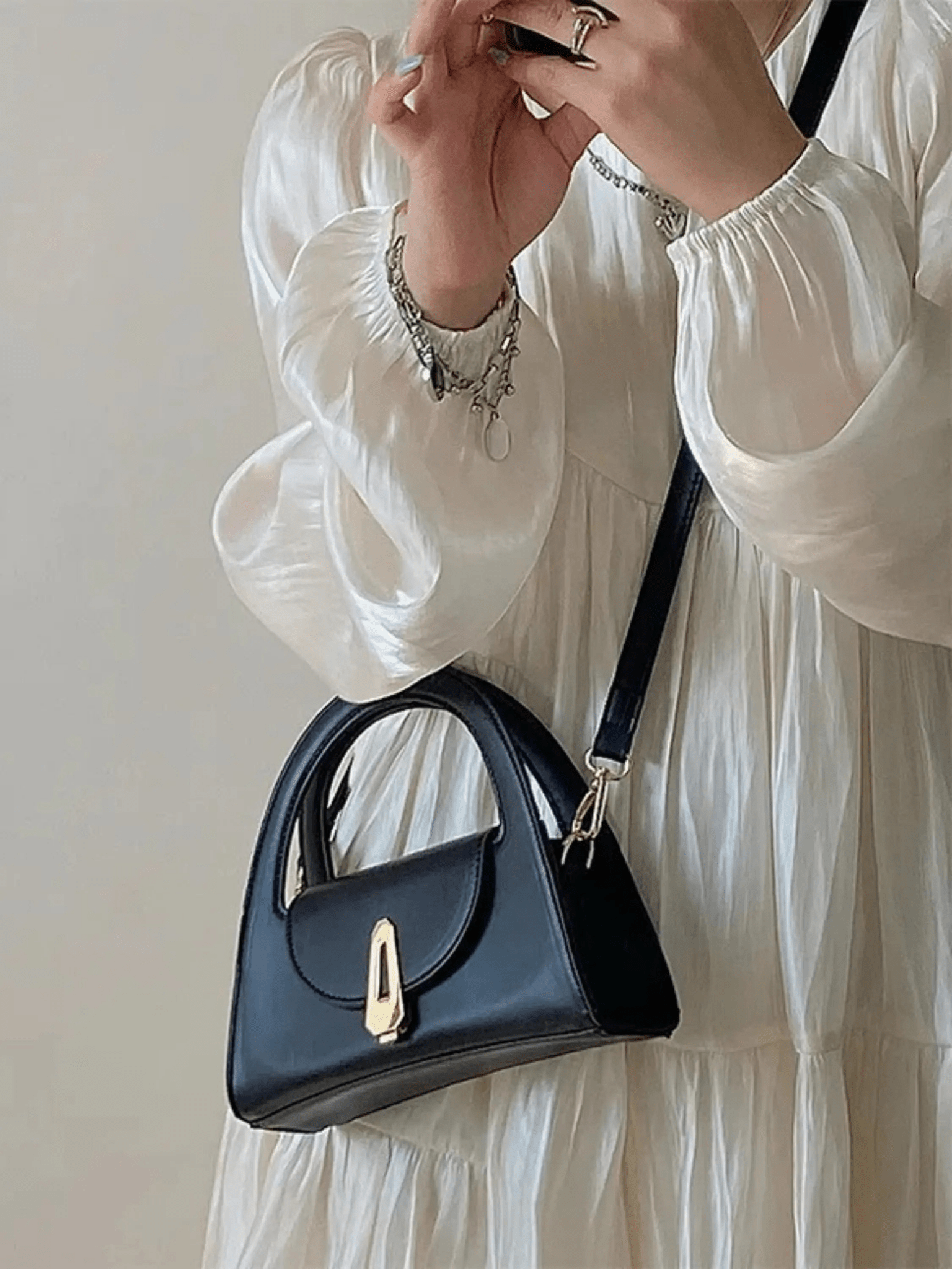 Black Structured Mini Handbag with Gold Accent