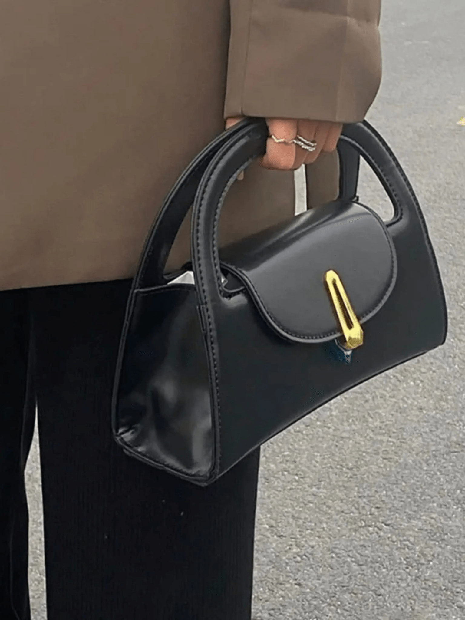 Black Structured Mini Handbag with Gold Accent