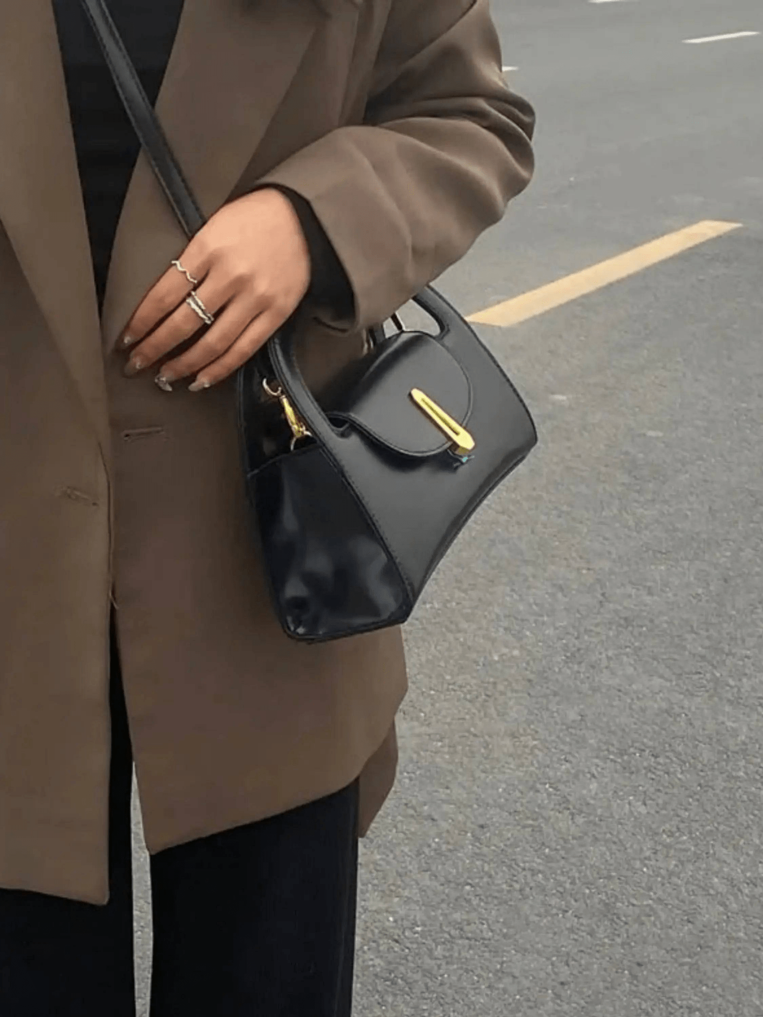 Black Structured Mini Handbag with Gold Accent