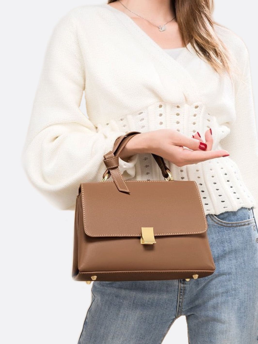 Elena Beige Trapeze Leather Handbag