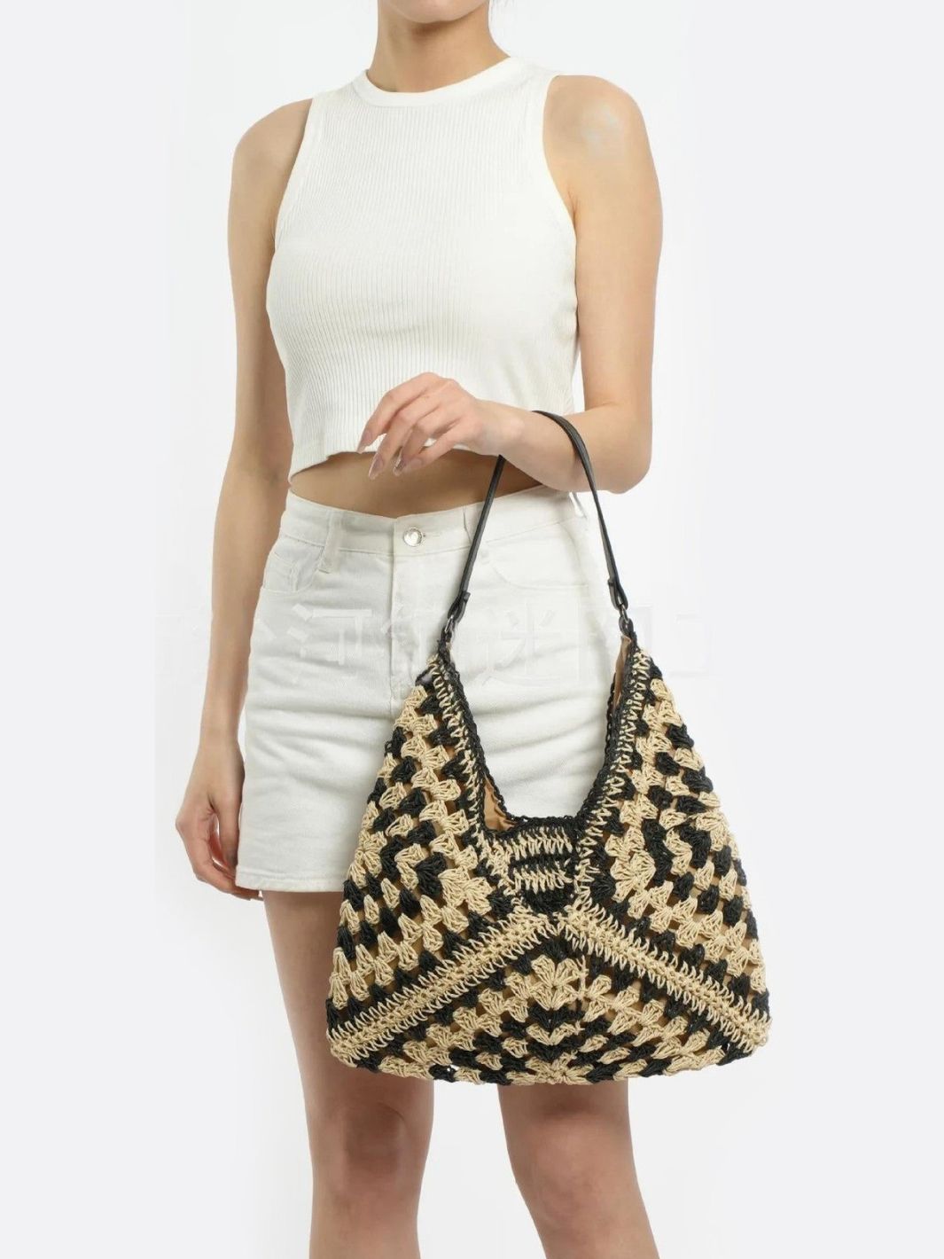 Noir Crochet Straw Shoulder Bag