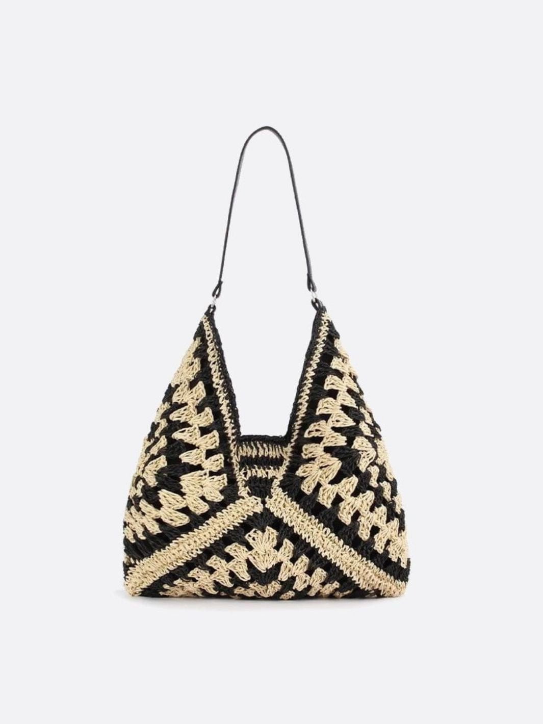 Noir Crochet Straw Shoulder Bag