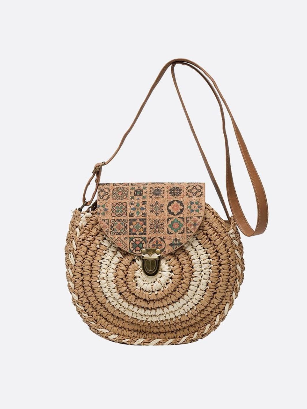 Round Straw Crossbody Bag with Boho Flap