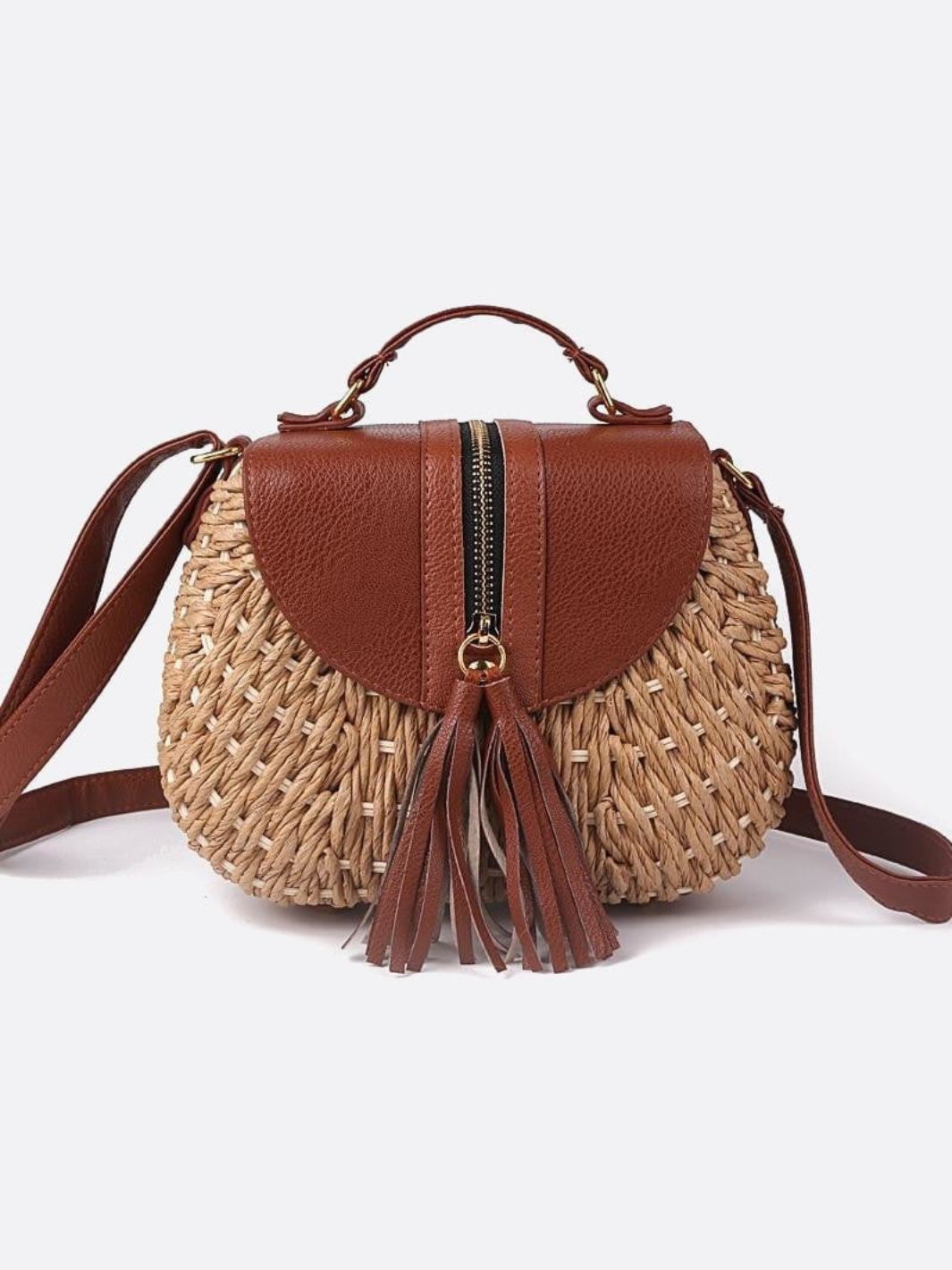 Straw Crossbody Bag with Leather Flap and Tassel Detail