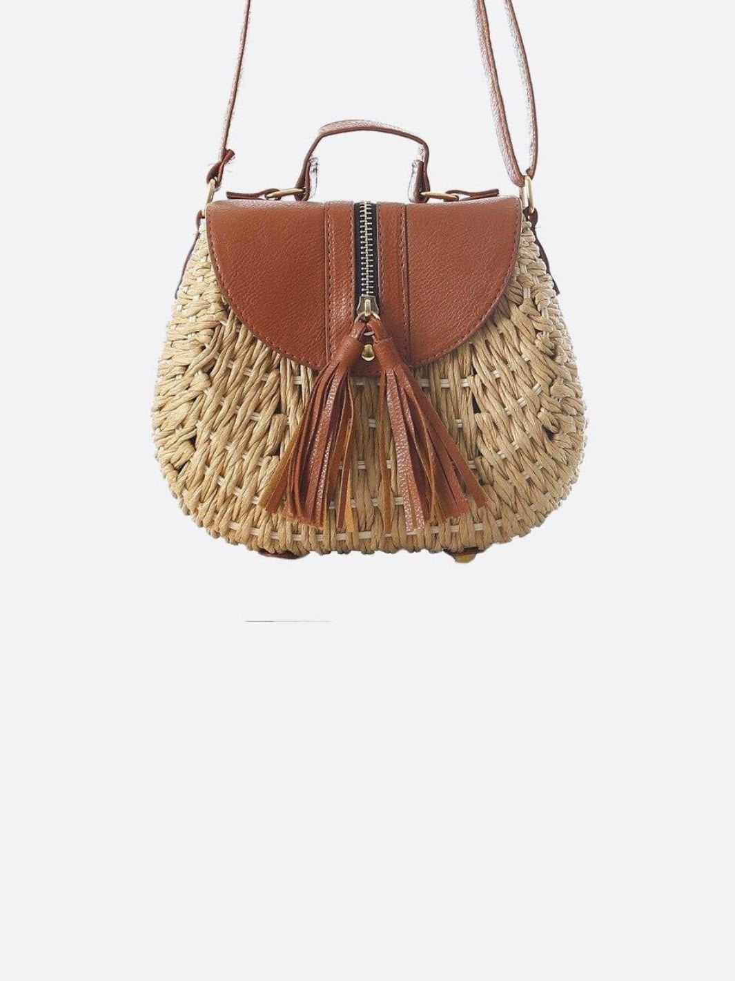 Straw Crossbody Bag with Leather Flap and Tassel Detail