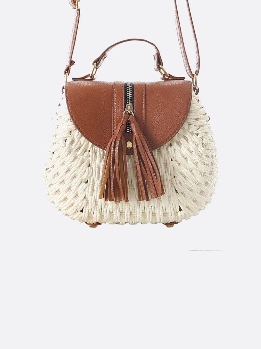 Straw Crossbody Bag with Leather Flap and Tassel Detail