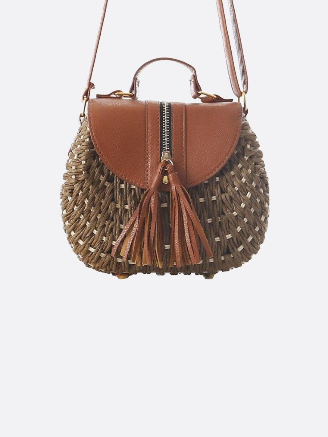 Straw Crossbody Bag with Leather Flap and Tassel Detail