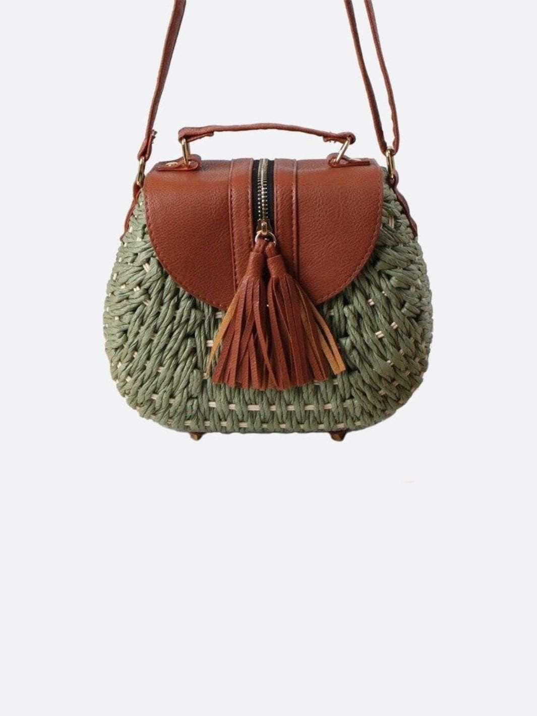 Straw Crossbody Bag with Leather Flap and Tassel Detail