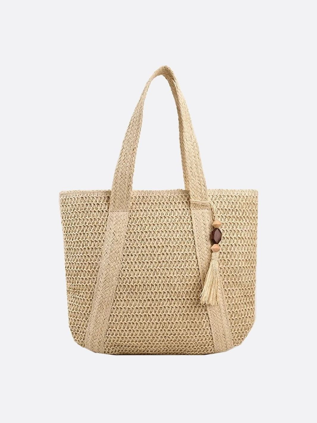 Natural Woven Straw Tote Bag with Tassel Accent