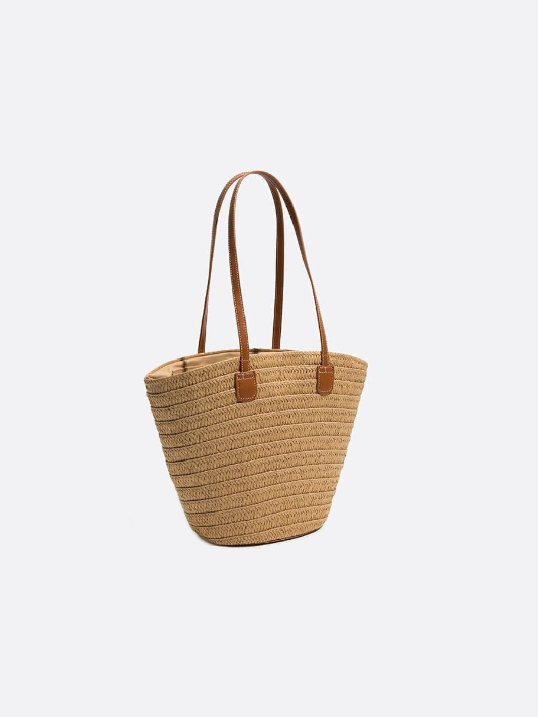 Straw and Brown Leather Tote Bag