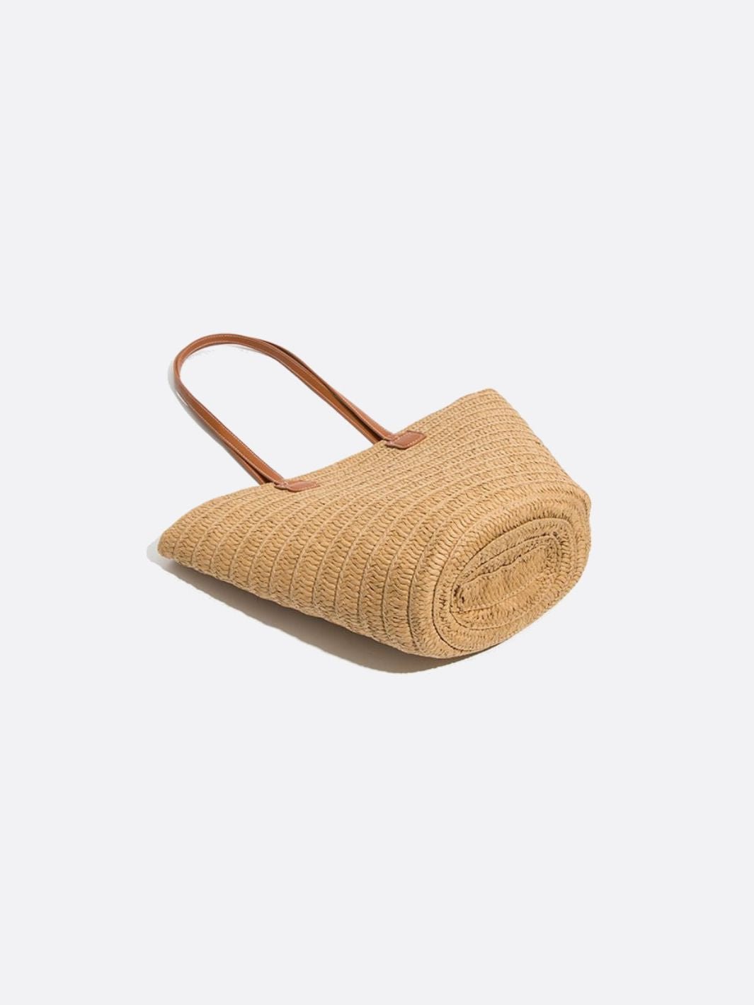 Straw and Brown Leather Tote Bag
