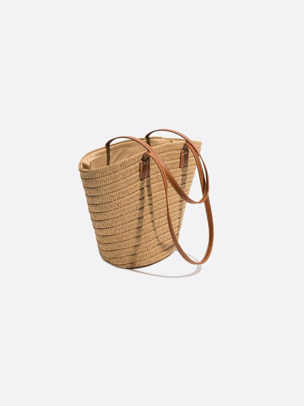 Straw and Brown Leather Tote Bag