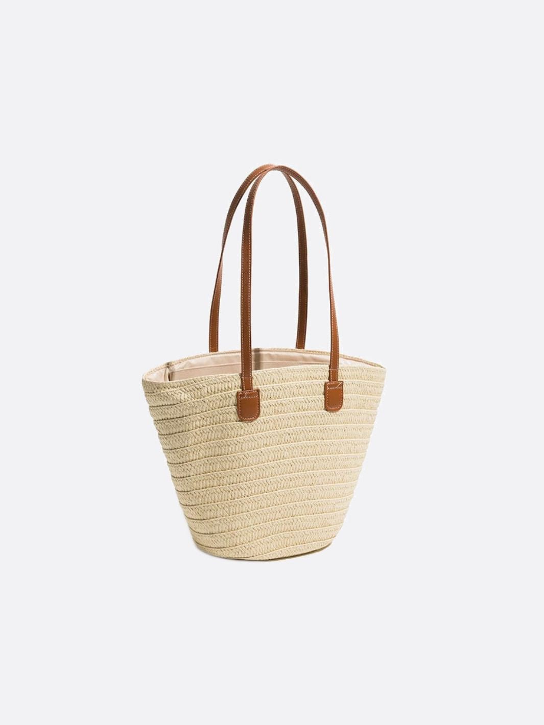 Straw and Brown Leather Tote Bag