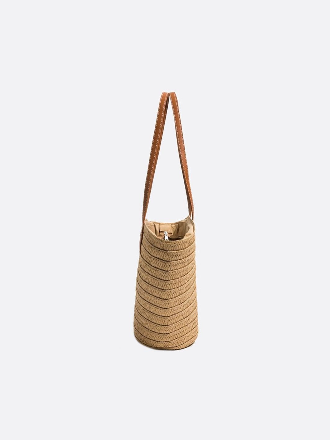 Straw and Brown Leather Tote Bag