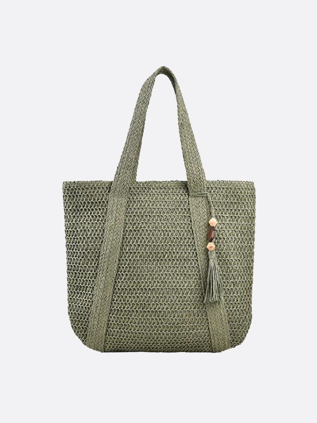 Natural Woven Straw Tote Bag with Tassel Accent