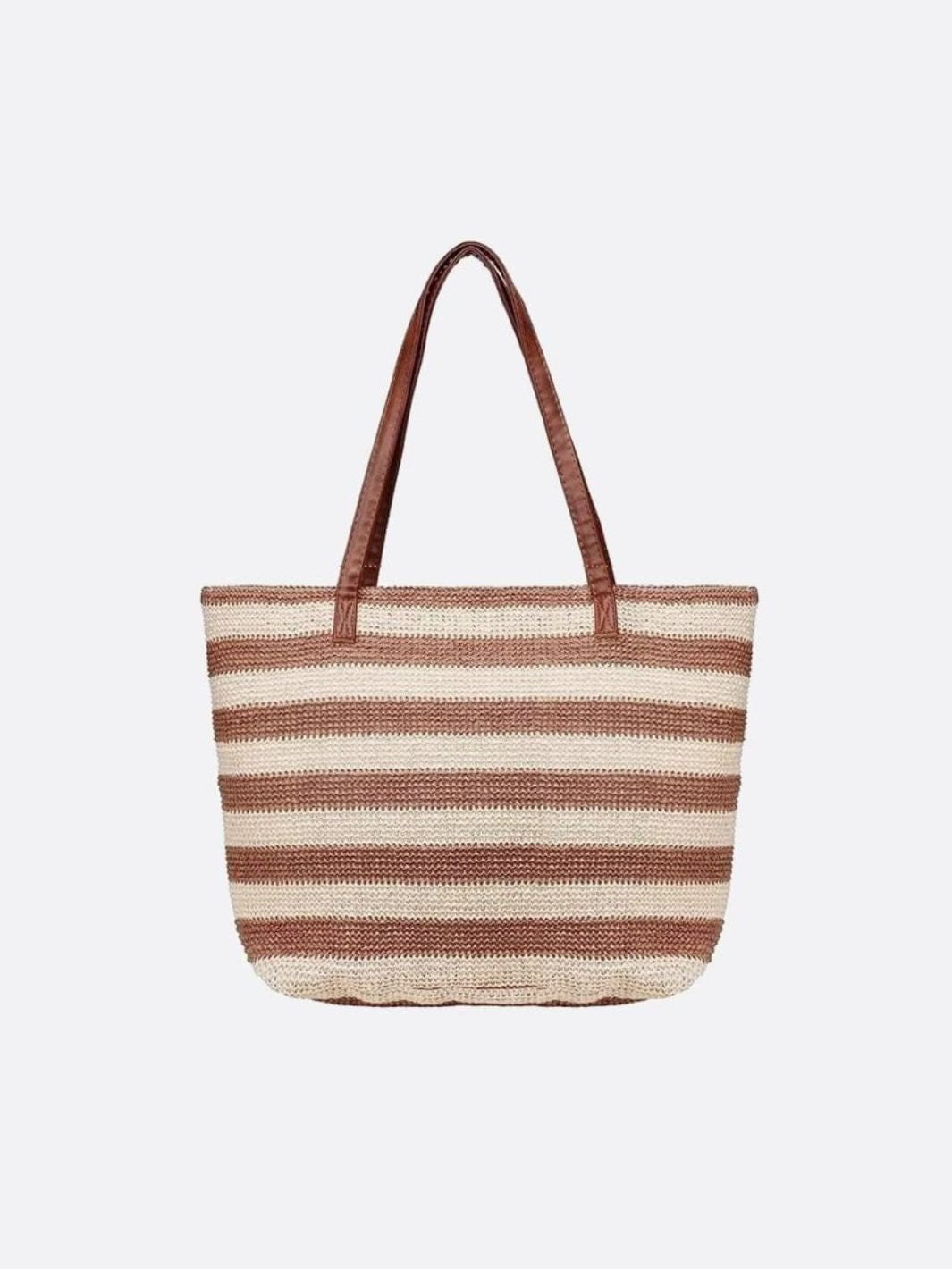 Striped Woven Straw Tote Bag