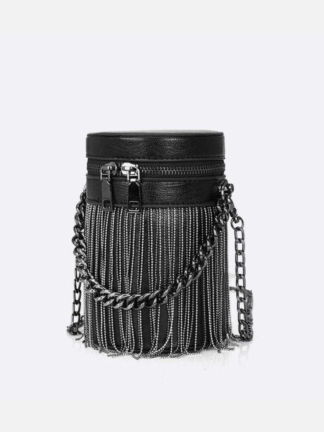 Aria – Black Cylinder Fringe Chain Bag