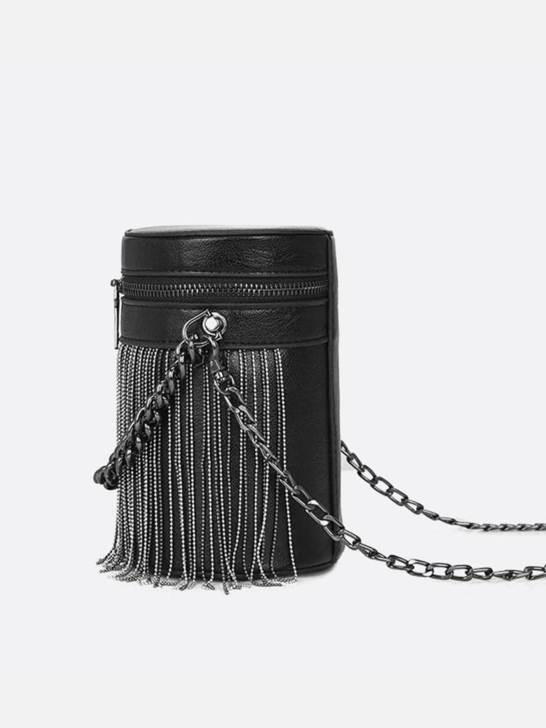 Aria – Black Cylinder Fringe Chain Bag