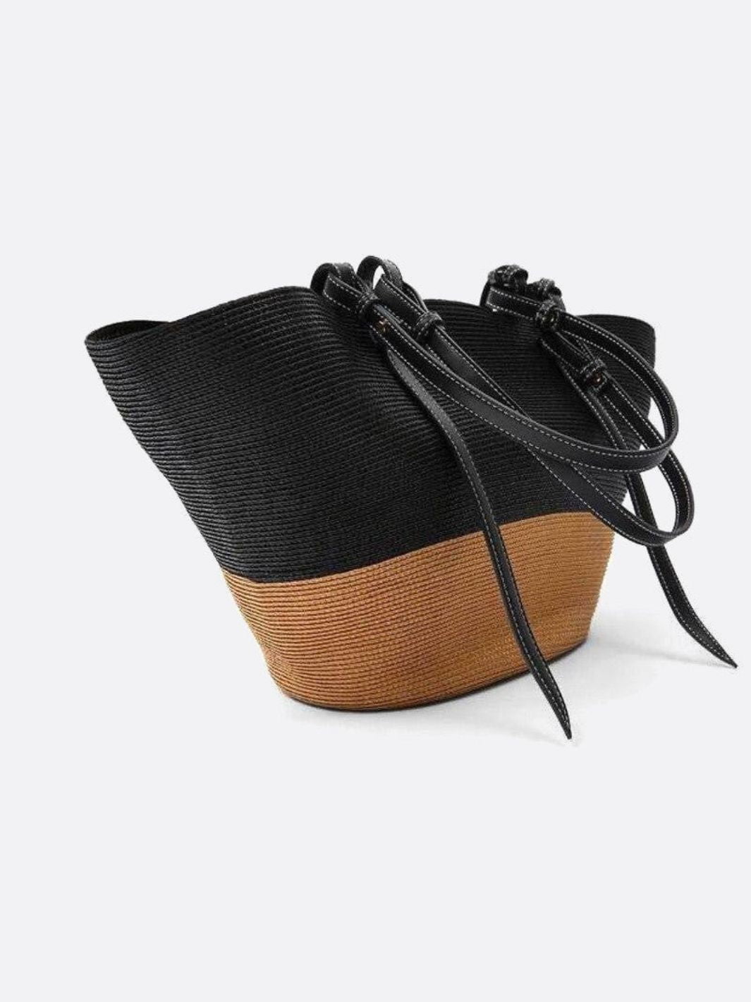 Two-Tone Straw Tote Bag with Black Leather Handles