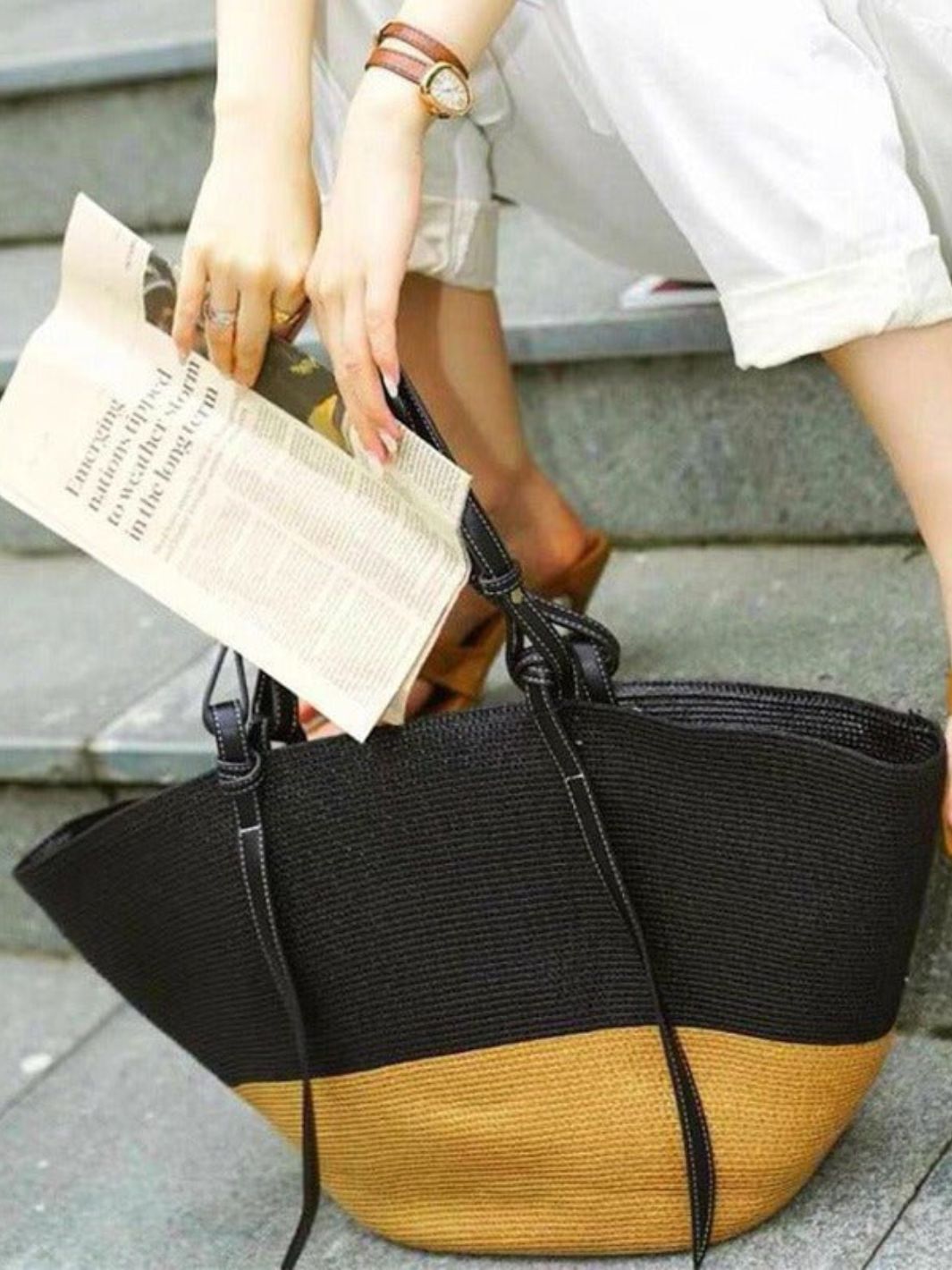 Two-Tone Straw Tote Bag with Black Leather Handles