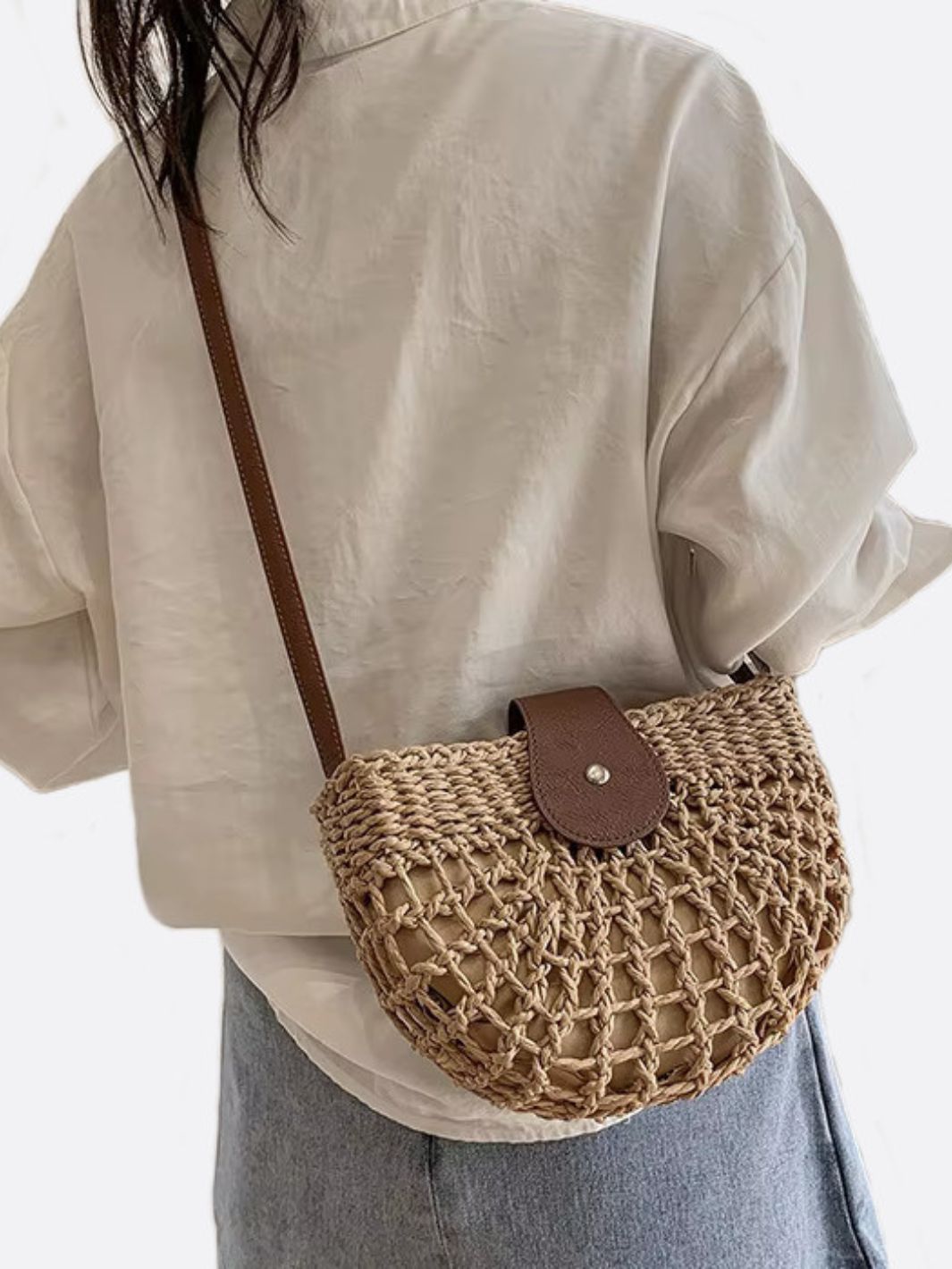 Half-Moon Woven Straw Crossbody Bag