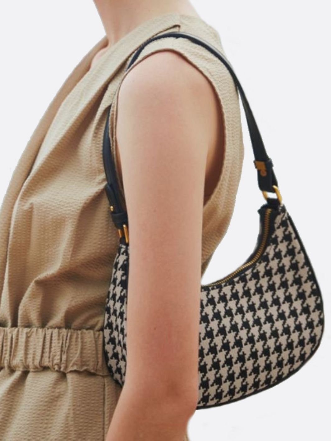 Clara Houndstooth Crescent Bag – Classic Shoulder Bag