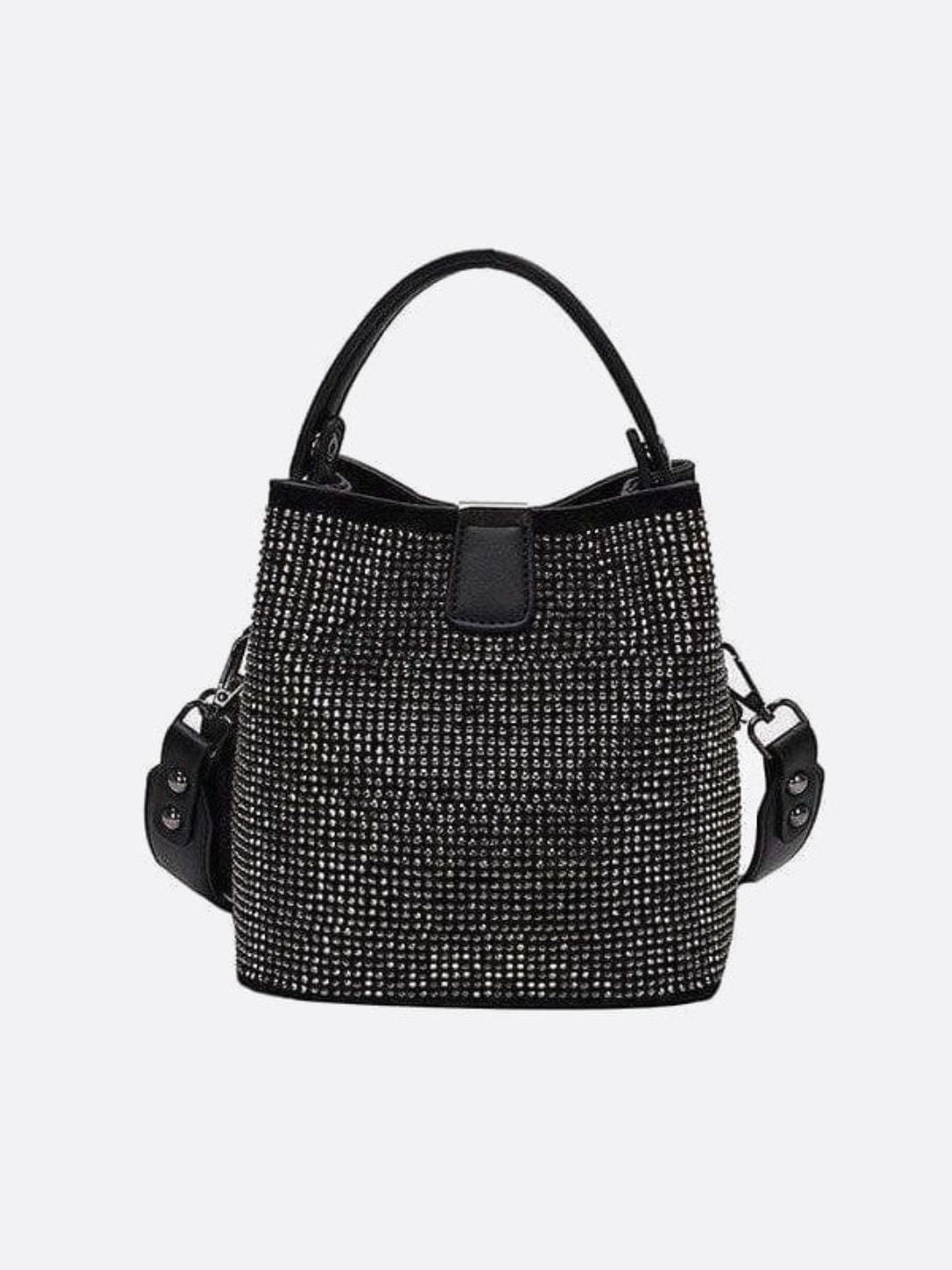 Solenne | Black Rhinestone Bucket Bag – Glamorous & Bold