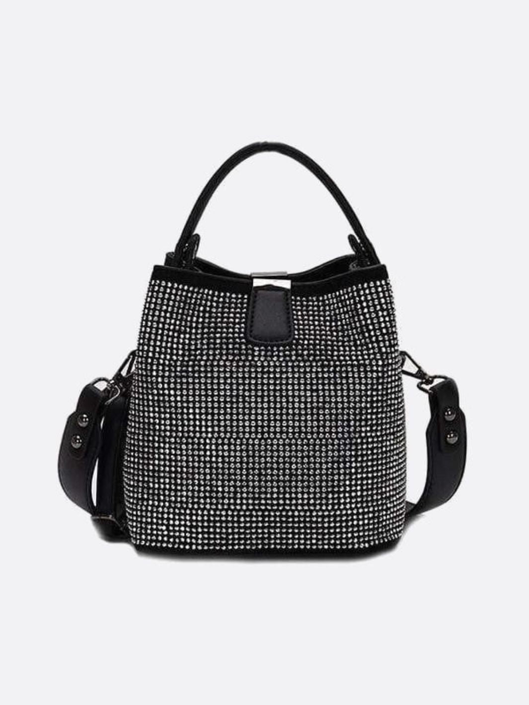 Solenne | Black Rhinestone Bucket Bag – Glamorous & Bold
