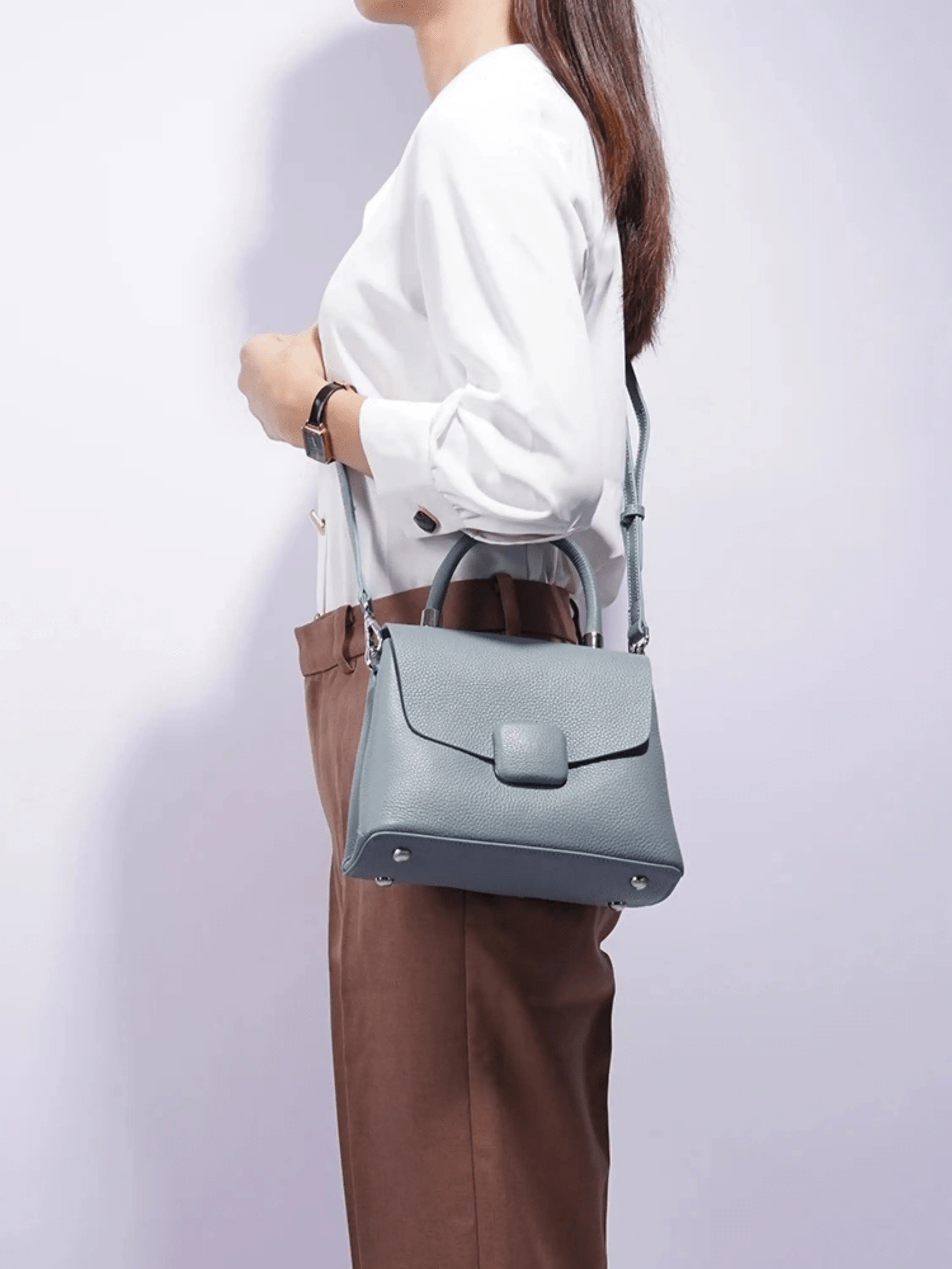 Sky Blue Structured Leather Handbag