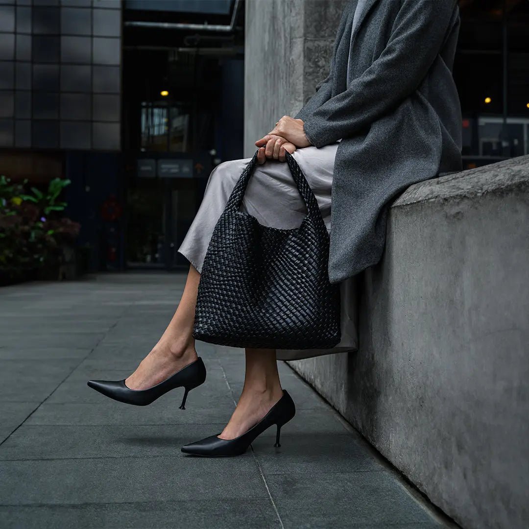 Charlotte Black Woven Leather Bucket Bag