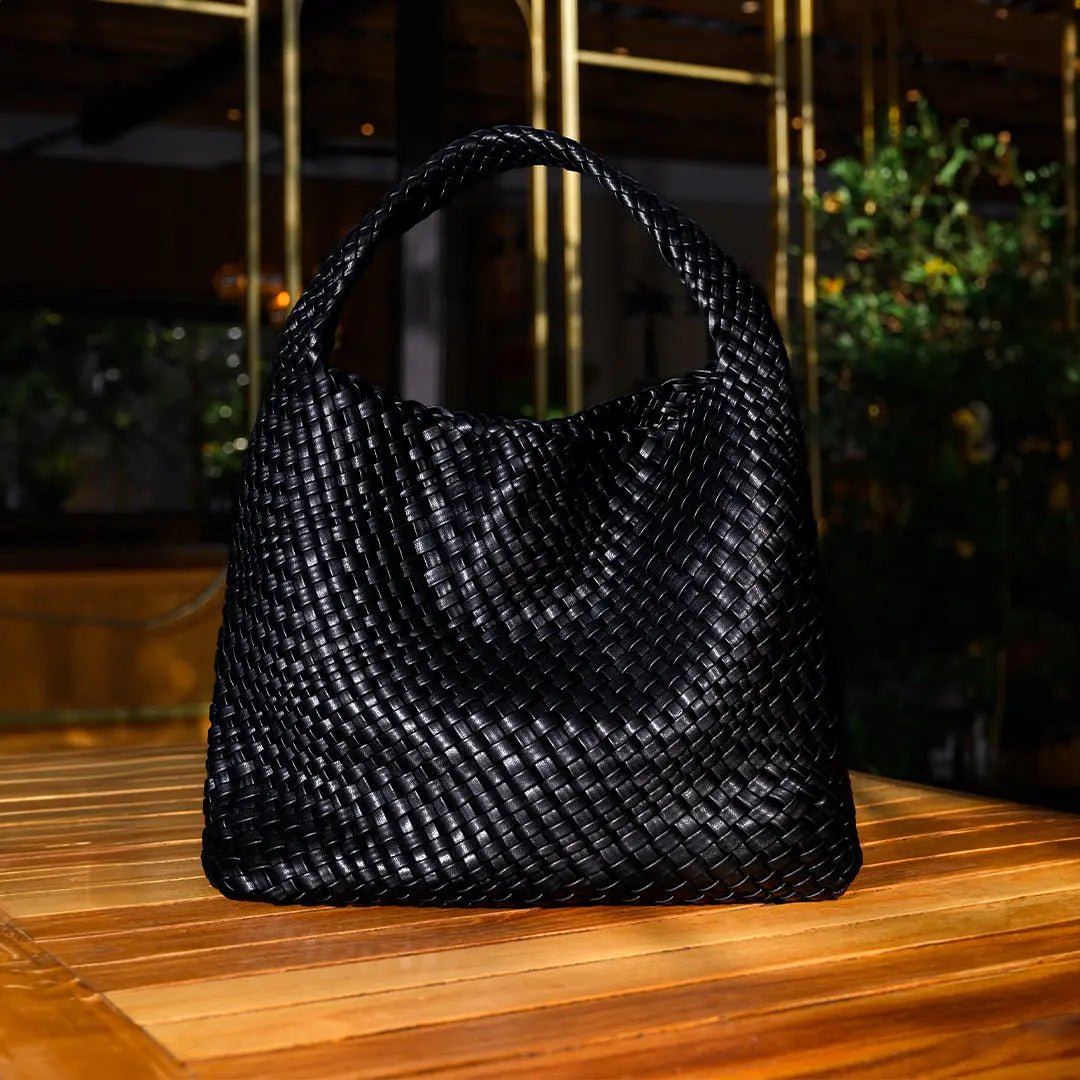 Charlotte Black Woven Leather Bucket Bag