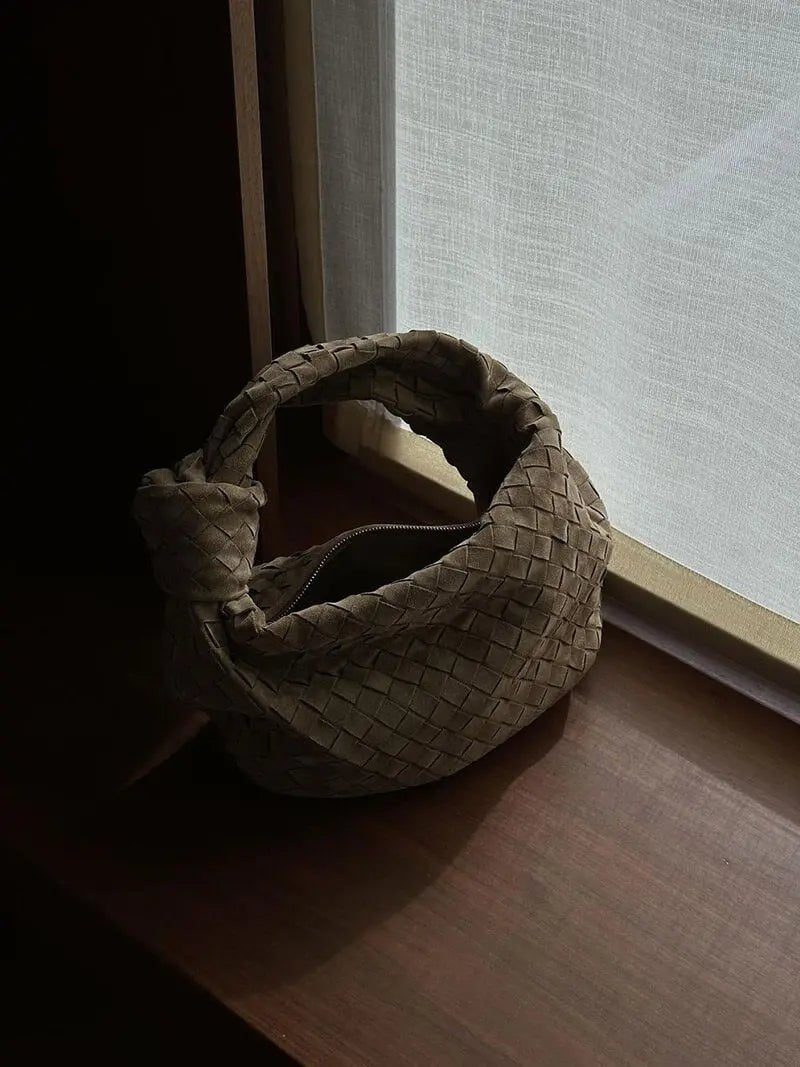 Beige Woven Knot Handle Handbag