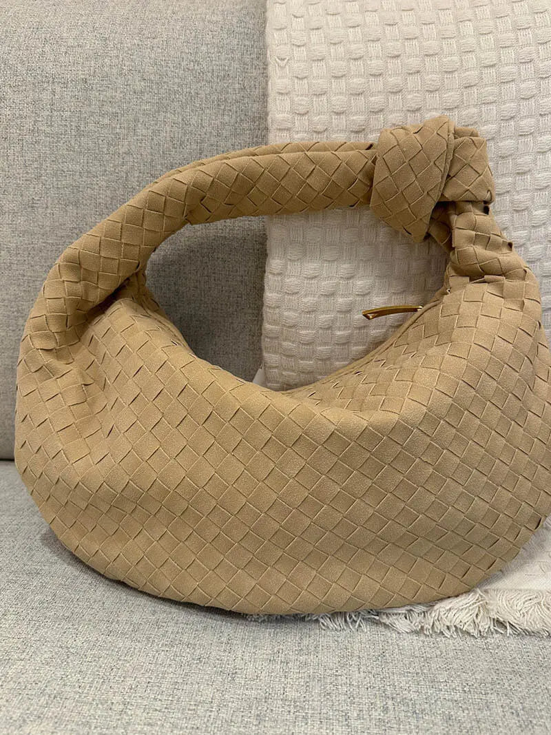 Beige Woven Knot Handle Handbag