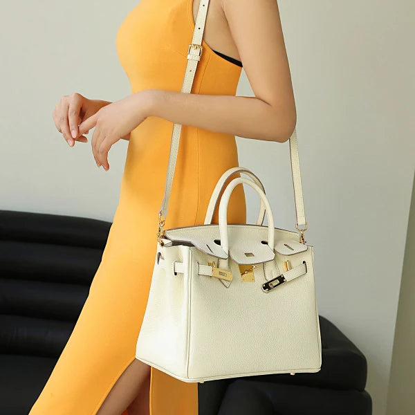 Isla – Classic White Leather Satchel with Gold Hardware