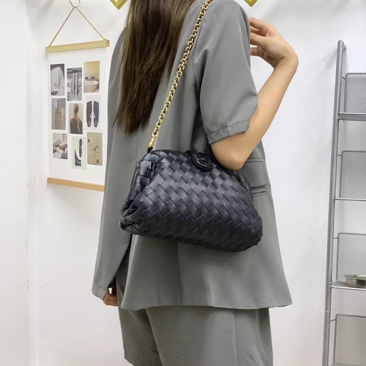 Elena Woven Leather Chain Shoulder Bag