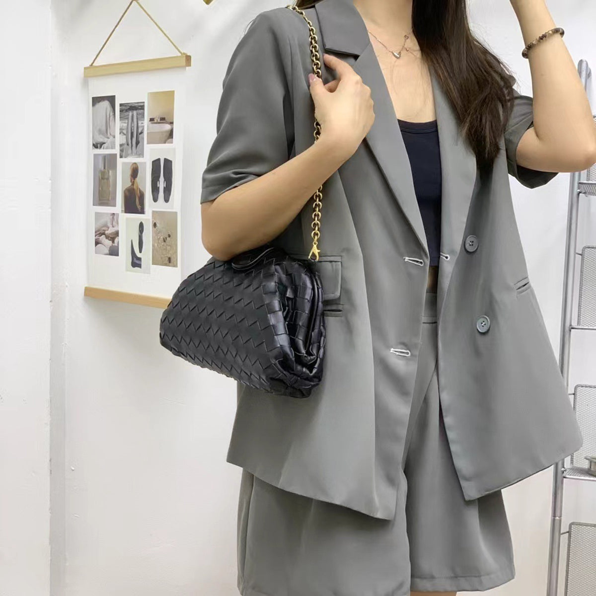 Elena Woven Leather Chain Shoulder Bag